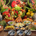 Traditional customs on Tet meal holiday tray in Vietnam